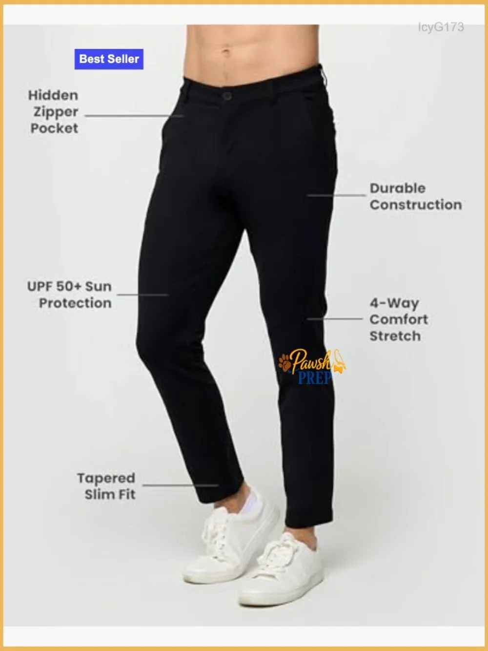 Slim Fit Stretch Chinos - Tapered Tech Travel Pants with Hidden Zip Pockets 30